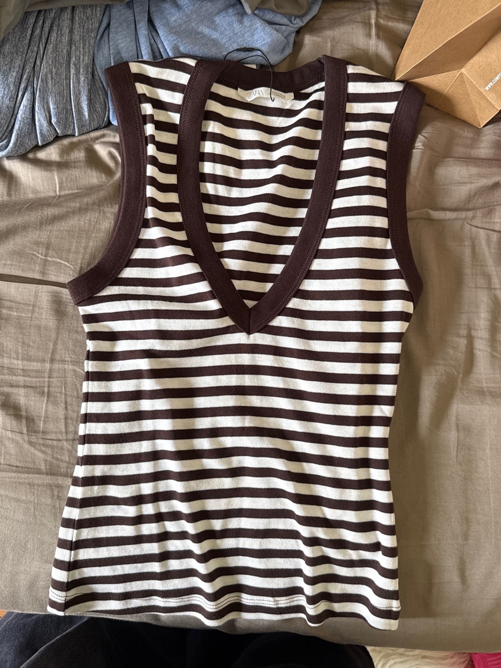 Zara Brown and Cream Striped V-Neck Tank Top
